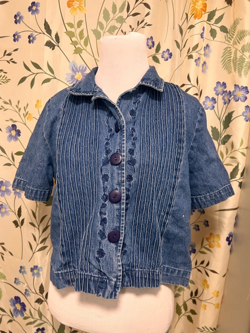 Denim Short-Sleeve Button Front Top - Blue